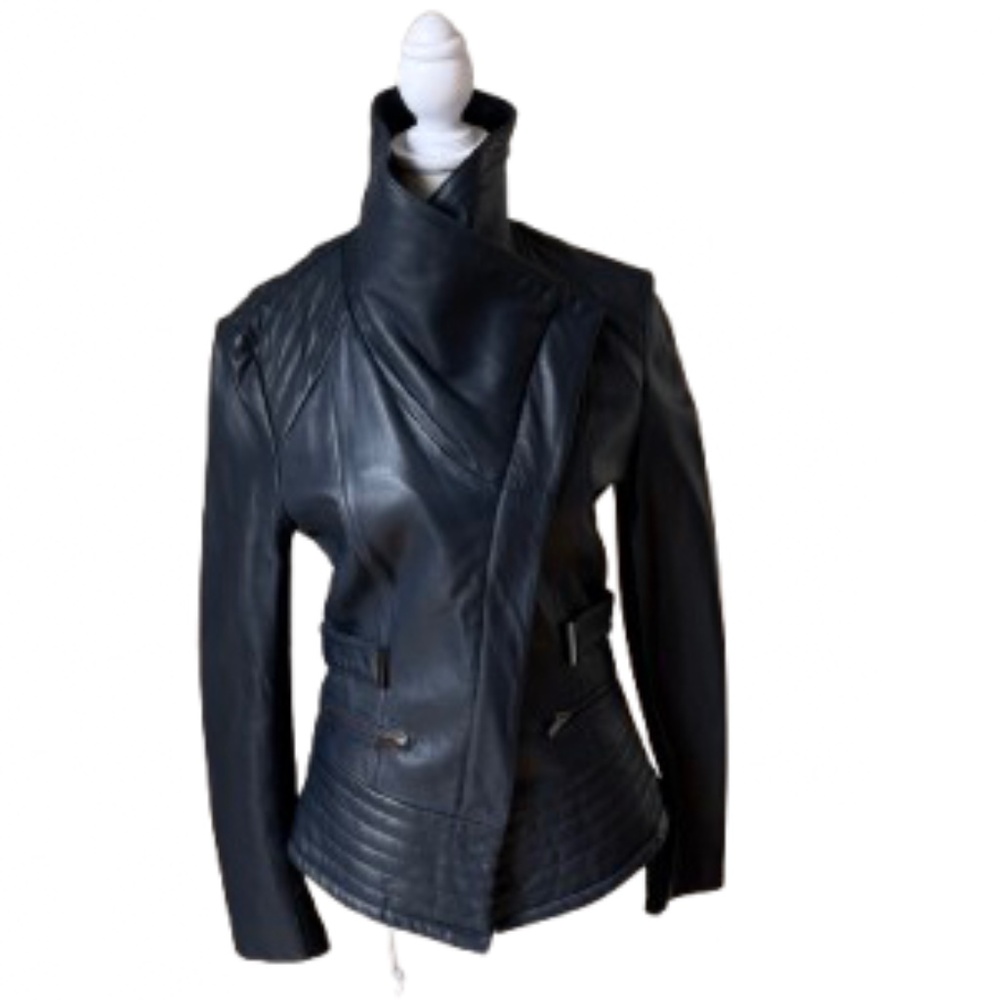 Badgley Mischka Navy Genuine Leather Moto Jacket Asymmetrical Size Small - Picture 5 of 7